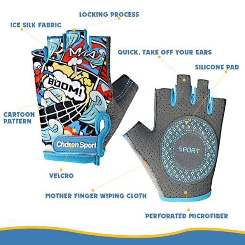 Image of Proberos Surfing Boy Kids Bike Gloves Size S for 4-8 Years Old, Anti-Slip Breathable Fingerless Cartoon Print Riding Sport Gloves for Children's Bicycle