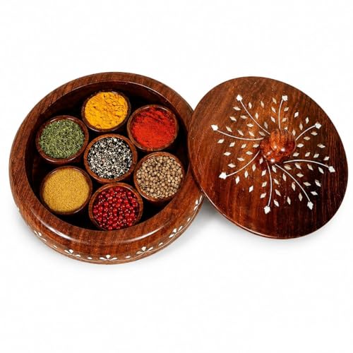 Image of Wooden Masala Box & Spoon | Sheesham Wood Spice Box with White Floral Inlay Design on Lid & Side | Handmade Round Masala Dabba Organizer (7 Containers, 40 ml Each, Brown)