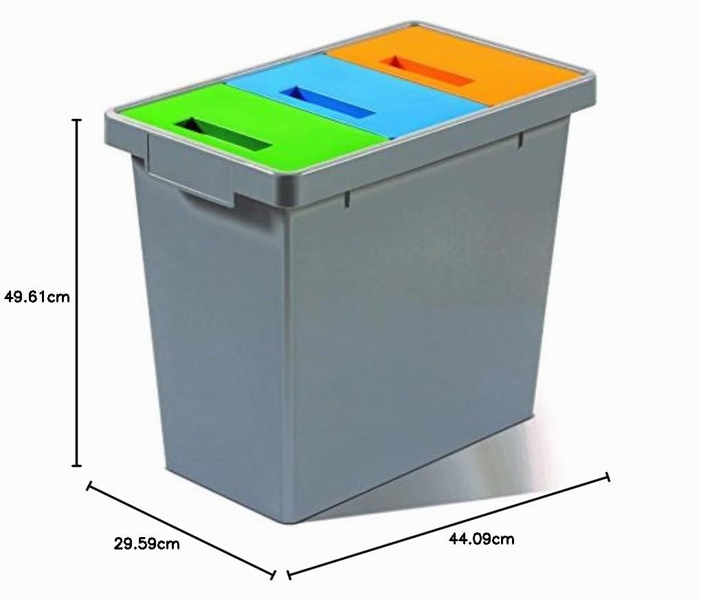 MATTIUSSI PAPELERA RECICLAJE TRES COMPARTIMENTOS - POLYMAX gris con tapas oscilantes azul verde y amarillo