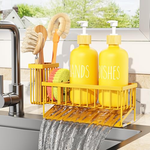 Image of Cisily Yellow Dish Soap Dispenser Set, 16 fl Oz Dual Kitchen Soap Dispensers with Sponge Holder, Customized Stainless Steel Kitchen Soap Dispenser Set, Lemon Kitchen Decor and Accessories