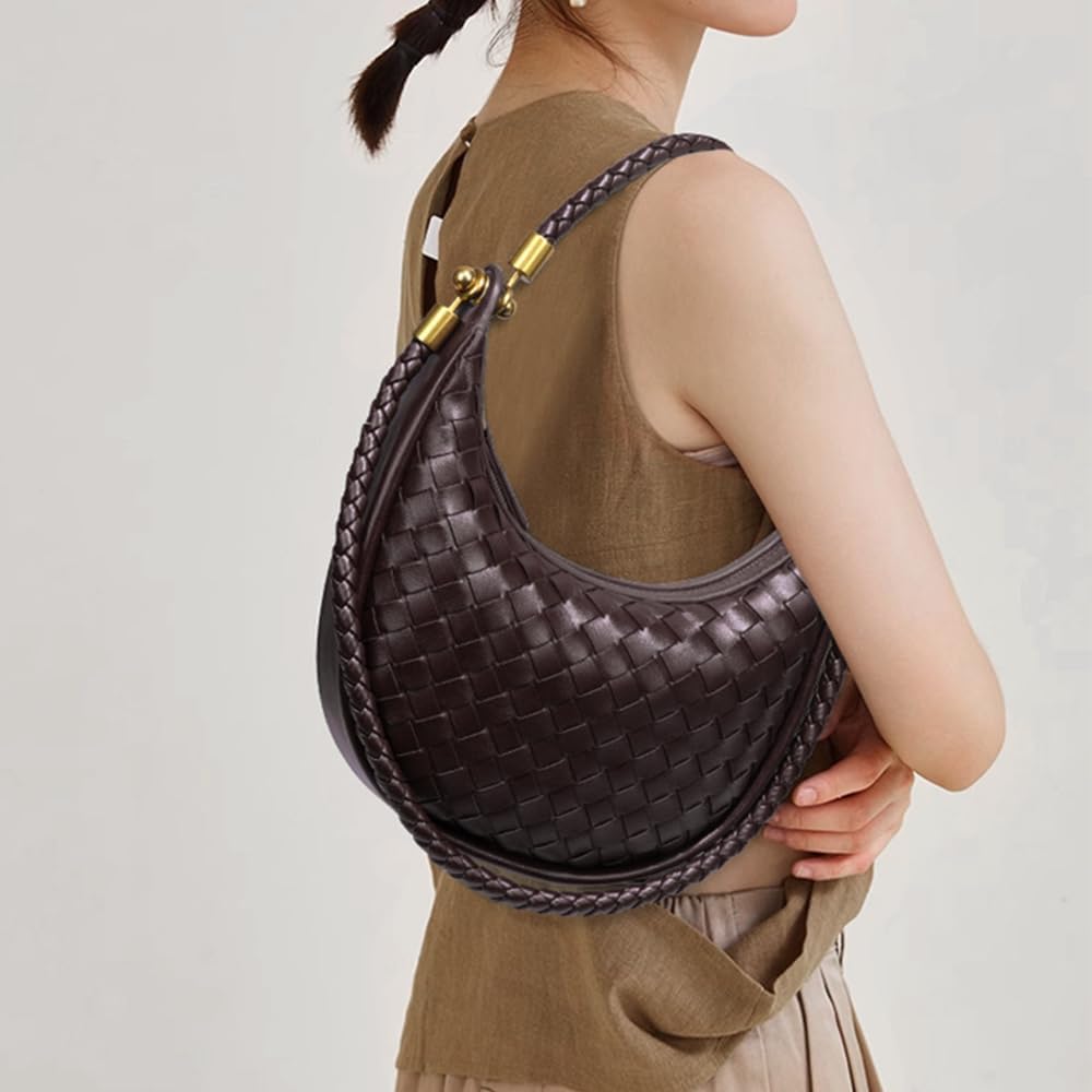 Suede Hobo Bag for Women Hand-Woven Bag Made of Suede Fabric Casual Tote Bag (Moon-Chocolate) - Image 2