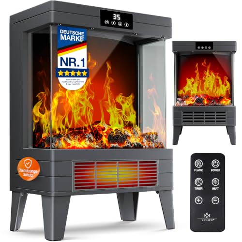 KESSER® LED Kamin Arvo mit Heizung elektrisch | Kaminheizung Elektrokamin Standkamin mit realistischem Feuer -/ Flammeneffekt per Fernbedienung, Timer Überhitzungsschutz Zwei Heizstufen, 2000W