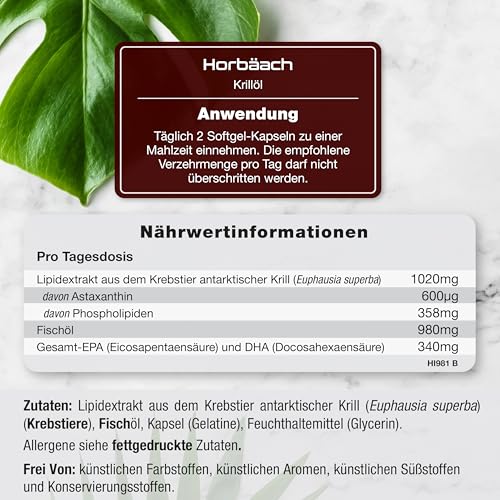 Krillöl Kapseln Hochdosiert 2000mg | Omega 3-340mg EPA/DHA mit 600 mcg Astaxanthin | Antarktis Krill | Alternative zu Lebertran | 120 Stück | Horbaach