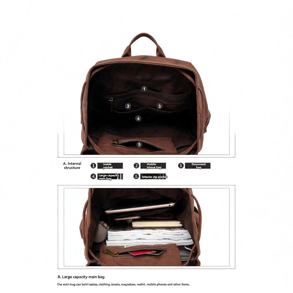 Zaino in tela vintage ad alta capacità con zaino casual originale per scuola, viaggi e trasporto laptop, Nero , 42cm x 16cm x 28cm, Design vintage con una combinazione di tela e materiali in vera