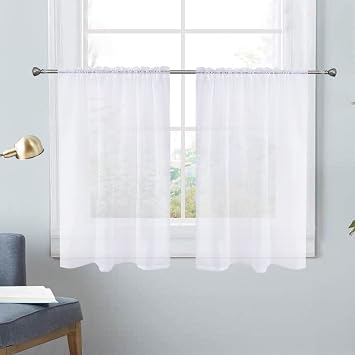 SpaceDresser White Kitchen Sheer Valance Curtains 30 Inch, Voile Sheer Cafe Curtains for Bathroom Farmhouse Country Light Filtering Short Window Curtain 1 Pair 2 PanelsWhite,26 W x 30 L