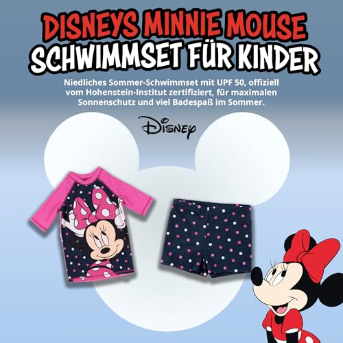 United Labels Disney Minnie Mouse Badeanzug zweiteilig UV Schutz 30 für Mädchen, Blau Pink, 110/116, Bademode Kinder mit Shirt und Badehose, Badebekleidung