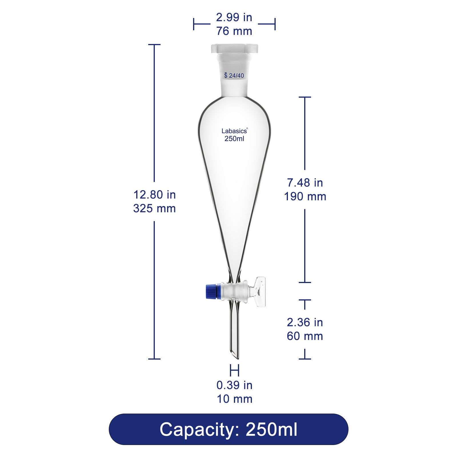 Labasics Imbuto Separatore Conico in Vetro Borosilicato 250 ml con Rubinetto in Vetro, Ideale per la Separazione dei Liquidi in Laboratorio