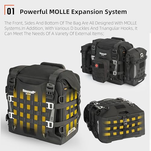 Image of Rhinowalk Motorcycle Saddle bag Waterproof Luggage Bag 20L Quick Release with MOLLE System with Lock Fits Most Adventure and Sports Bike Motorcycle Racks (Black, 1 Pack)