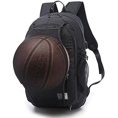 TXXCI Basketball Rucksack 15,6-Zoll-Laptop-Schulter-Beutel mit Basketball-Netz USB-Anschluss Aufladen-Schwarz Cover