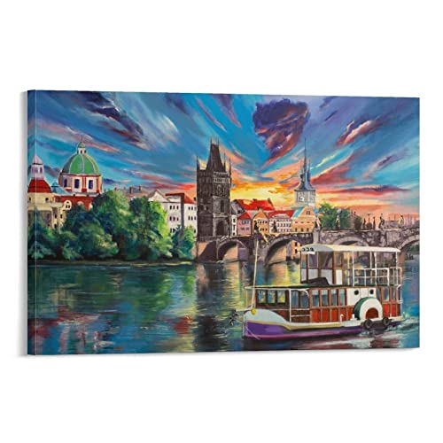 Landscape Poster Sunset Time Design Prague Cityscape Art Painting Modern Wall Decor Wall Art Paintings Canvas Wall Decor Home Decor Living Room Decor Aesthetic 24X36Inch(60X90Cm) Frame-Style #TOP10