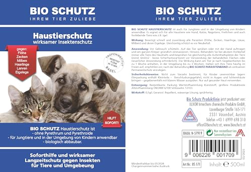 Haustier-Schutz Spray 500ML BIO SCHUTZ FÜR FLÖHE + ZECKEN; Milben, Haarlinge Beseitigt auch Larven und Eigelege