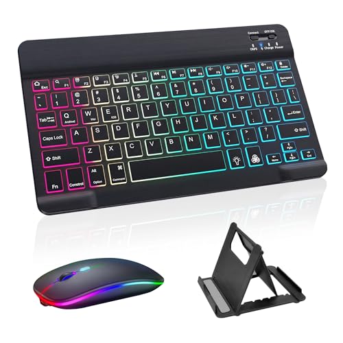Bluetooth Keyboard and Mouse Set with Backlight Rechargeable Quiet Wireless Keyboard and Mouse Combo with Phone Holder Ultra-Slim Portable UK Layout for iPad/Tablets/iOS/Android/Windows Black