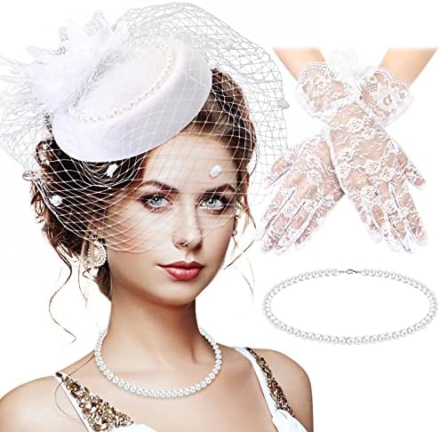 3 Pieces Fascinator Hat for Women Tea Party Derby Hat with Veil Feather Funeral Headpiece Lace Gloves Pearl Necklace (White)