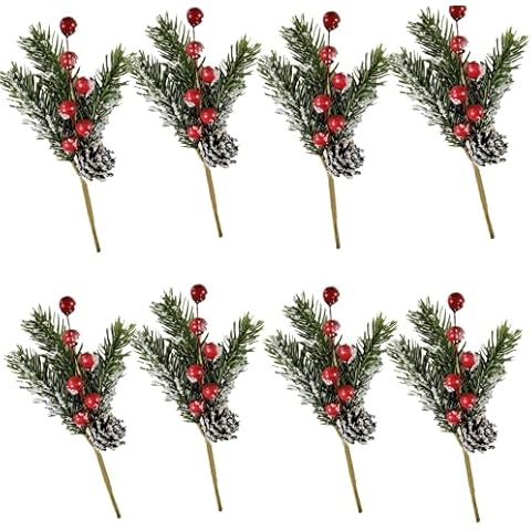 alblinsy 8PCS Red Berry Stems Pine Branches Artificial Christmas Picks Christmas Simulation Pine Needle Small Berries Pinecones for DIY Garland Wreath Embellishing Home Garden Party Wall Door Décor Cover