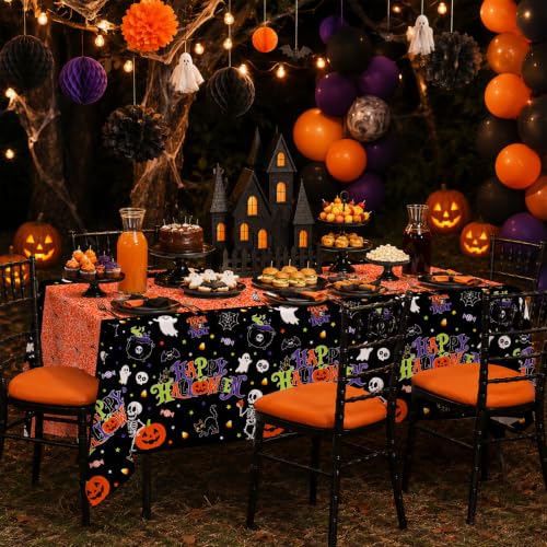 Image of 2 Pack Halloween Tablecloth, 54 x 108 Inch Disposable Plastic Table Cover, Orange Halloween Party Decorations for Halloween Decor