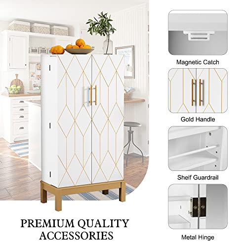 Artpower 45'' Kitchen Pantry Cabinet With Gold Trim, Pantry Cabinets With Doors And Adjustable Shelves, Food Pantry Cabinet For Kitchen, Dining Room And Living Room,Gold Legs,Classic White Cabinet #TOP3