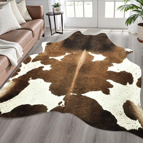 Easycozy Faux Cowhide Cow Print Rug: 4.6 x 5.2 Western Decor Faux Cowhide, Thickened Cow Print for Bedroom, Living Room, Home Office Decor