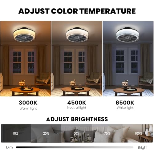 Size Medium Color White And Grey Low Profile Bladeless Ceiling Fan with Light, Amber Shade Flush Mount Ceiling Fan for Bedroom, Living Room, Office, Kitchen, APP & Remote, 6-Speed Quiet DC Motor (30dB)