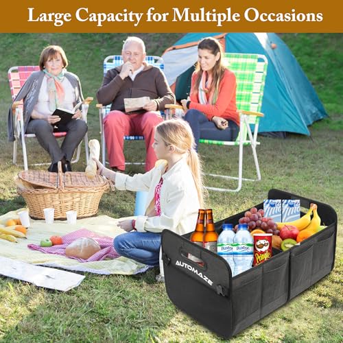 Image of Automaze Oxford Trunk Organisers For Cars & SUV's, Foldable 2 Compartment Automotive Storage Box With 10 Pockets, Anti-Slip Velcro, Portable Boot Organiser, Black