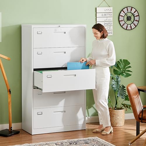 Image of Letaya Lateral 5 Drawer File Cabinet with Lock,Metal Wide White Filing Cabinets for Home Office Storage A4 /F4 /Letter /Legal(Assembly Required)