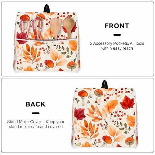 Image of Kitchen Dust Cover Compatible with 4.5 5 6 8 quart Stand Mixer, Kitchen Appliance Protective Covers with Top Handle and Pocket (Leaf Mushrooms, For All 6-8 qt Mixer)