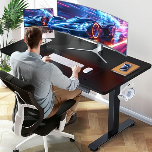 Image of Veken Standing Desk Electric 47.2 Inch, Height Adjustable Sit Stand Up, Wood Desktop, Work Home Office Computer PC Table, Tall Standup Workstation, Gaming Writing Study Bedroom Rising Desks, Black