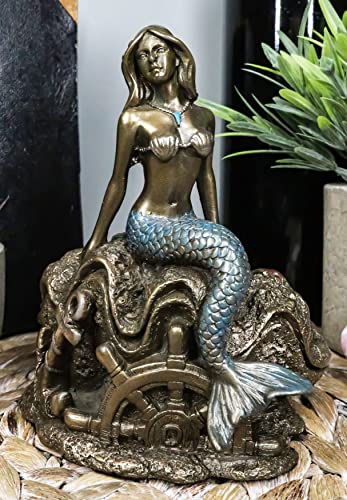 Ebros Nautical Marine Under The Sea Mermaid Ariel Statue 5" Tall Nautical Mermaid Sitting On Giant Oyster Shell With Ship Helm And Anchor Figurine Underwater Fantasy World #TOP19