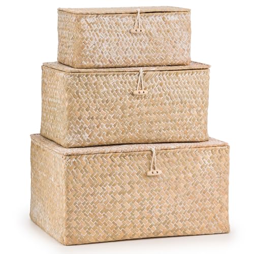 Woodluv Set of 3 Seagrass Storage Box with Lid, Lightweight Woven Basket for Shelves, Lidded Organiser Hamper Baskets, Natural