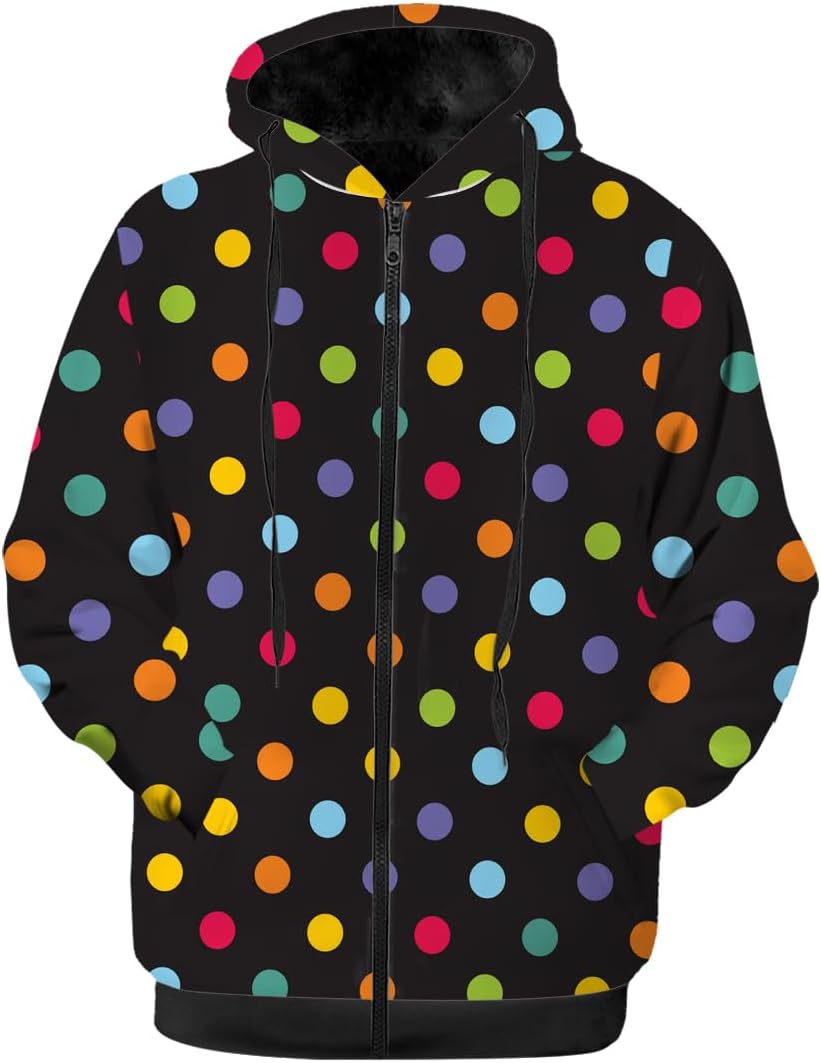 Polka Dots Womens Winter Jacket,Black Fleece Lined Zip-up Hoodie Warm Sweatshirt Coat