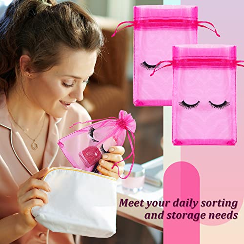 100 Pcs Eyelash Aftercare Bags 4 x 6 Inches Eye Lash Print Aftercare Makeup Bags Drawstring Cosmetic Bags Organza Beauty Bags for Women Makeup Jewelry Supplies (Pink)4
