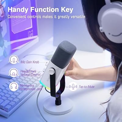 FIFINE XLR/USB Gaming Microphone for Streaming Podcasting, PC Computer RGB Mic, with Gain Knob, Mute Button, Monitoring Jack, Gamer Mic for Recording Video Creation-AmpliGame AM8 White