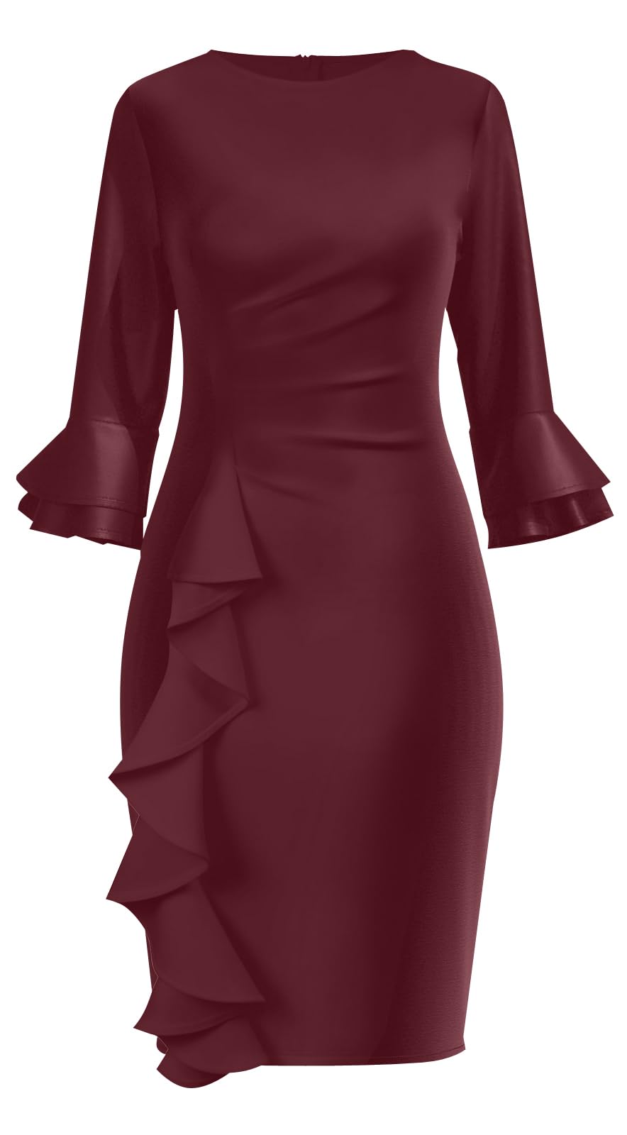 Church Dresses for Women Long Sleeve Bodycon Ruffle Vintage Wear to Work Pencil Midi Dress