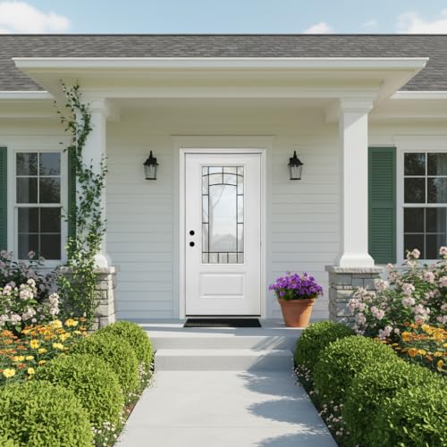 Image of 36 inch x 80 inch Fiberglass Exterior Front Door, Left-Hand Inswing, Exterior Doors for Home Entry with Frosted Glass for Privacy, LVL Stile Construction, Knock-Down Kit with Brickmould, Decorative Glass