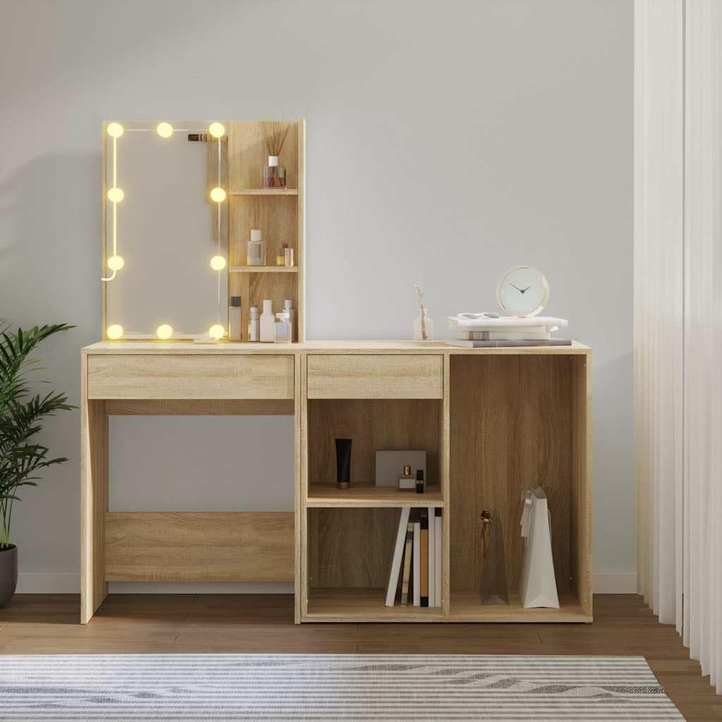 Toaletka LED z szafką dąb Sonoma materiał drewnopochodny 60 x 40 x 140 cm, toaletka z oświetleniem LED i USB, schowek z szufladami, szafka pod lustro do sypialni i łazienki