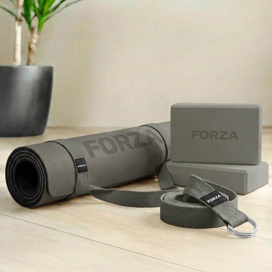 FORZA Yoga Essentials Bundle - Tappetino da yoga antiscivolo in PU + blocchi EVA + cinghia regolabile + cinghia per il trasporto - Set completo per yoga e pilates e flessibilità per casa e studio