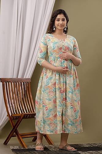 Image of Maternity Feeding Kurti for Women | Cotton Blend Anarkali Dress with Nursing Zip for Pre & Post Pregnancy