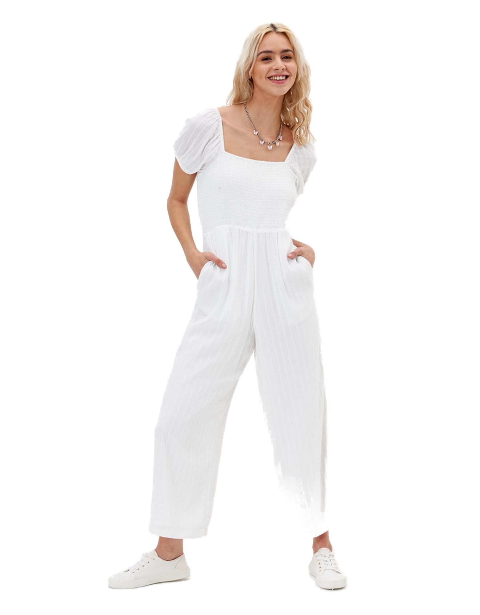American EagleWomens U-1396-7342-100 Smocked Puff-Sleeve Jumpsuit