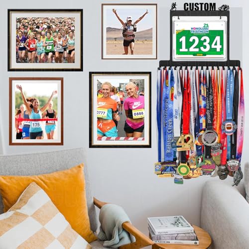 Image of Personalized Medal Holder with Name Display Rack for Awards Ribbons - Metal Custom Sports Race Plaques Hanger for Wall Mount Hold Up 63 Medal Hanger Display for Athlete Boy Girl Kid