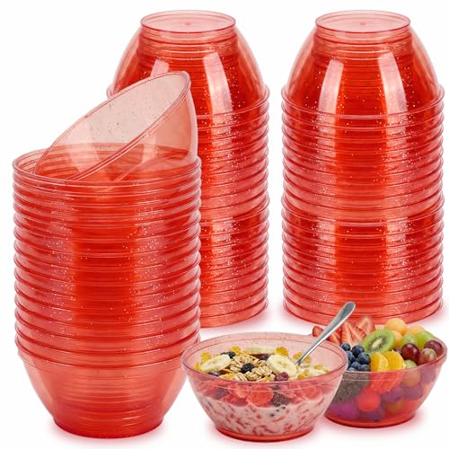 50 Pack 6oz Glitter Red Disposable Plastic Bowls Glitter Small Bowls for Ice Cream Candy Soup Salsa Fruit. Great for Parties Birthday Valentine Day Weddings Baby Showers Holiday Events.(Red)