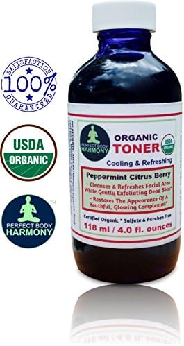 CERTIFIED ORGANIC Facial TONER; Cooling, Refreshing, Mildly Scented Peppermint Citrus Berry for Cleansing & Exfoliating! 4.0 oz BLUE Glass Bottle Sulfate & Paraben Free! Buy It! LOVE IT!
