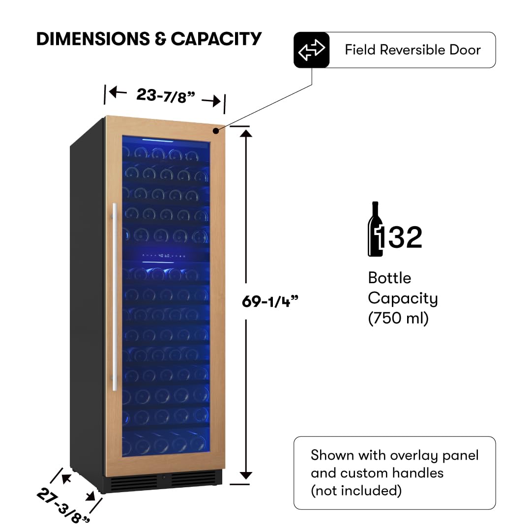 Zephyr 24 Inch Full Size Panel Ready Wine Fridge Dual Zone - Tall Refrigerator Cooler Cellars Large Bar Drink Cabinet Freestanding With Glass Door - 132x750ml Bottles (Handle, Wood Panel Not Included) on Fridge.com - View 3