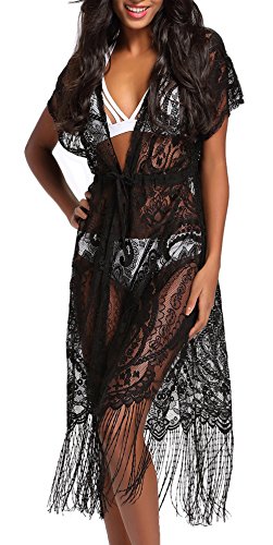 Upopby Women's Tassel Lace Swimsuits Cover Up Beach Bikini Kimono Cardigan Black XL