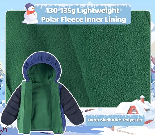 UNICOMIDEA 2T Baby Boy Jacket Green Infant Winter Coats Hooded Fleece Down Color-Block Thicken Warm Zipper Lightweight Puffer Toddler Outerwear with Pockets for 18-24 Months
