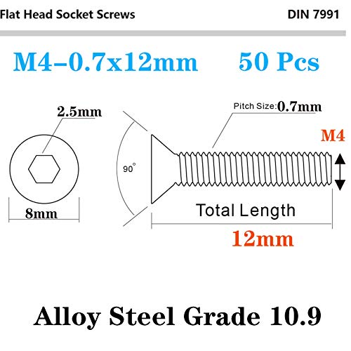 Image of 50 Pcs M4-0.7 x 12mm Flat Head Socket Cap Screws, Alloy Steel Grade 10.9, DIN 7991, Allen Socket Drive,Hex Drive,Black Oxide Finish (M4-0.7 x 12mm)