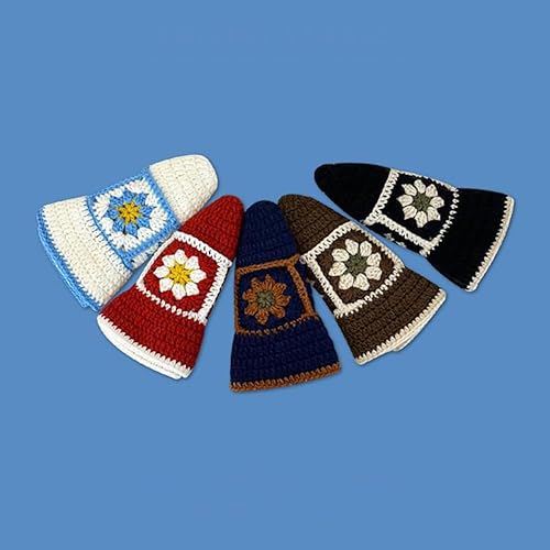 Miniatura 6 de Sombrero de pescador de ganchillo de punto de lana para mujer, gorro floral para otoño e invierno, cálido sombrero de empalme de moda para salida a