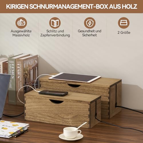 KIRIGEN Kabel-Management-Box aus Holz, Kabel-Organizer, Versteck, Steckdosenleisten, elektrische Stecker, Schreibtischkabel, Station, Schutz, 2 Stück, Dunkelbraun