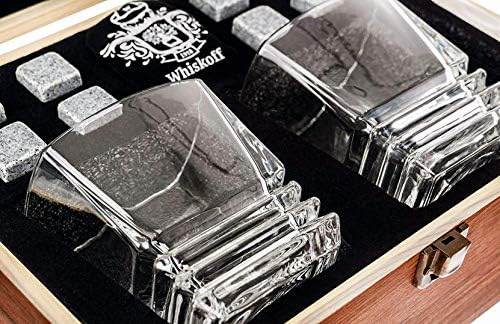 Whiskey Glass Set of 2 - Bourbon Whiskey Stones Gift Set For Men - Includes Crystal Whisky Rocks Glasses, Chilling Stones, Slate Coasters - Scotch Glasses in Wooden Box - Wisky Burbon Retirement Gifts