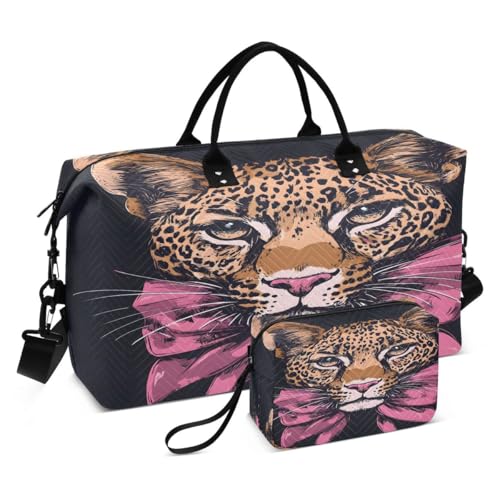 Leopard Bow Black Travel Duffle Bag Gym Bag Weekender Bags with Toiletry Bag Travel Trip Tote Bag