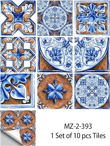 Papel pintado autoadhesivo azul y marrón de 15x15 cm para renovar azulejos de cocina 7