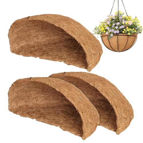 Doublure de panier suspendu – Doublures en fibre pour paniers ronds à moitié ronds et jardinières suspendus | 3 revêtements de pot de fleurs demi-ronds | Doublure en fibre de coco pour panier de